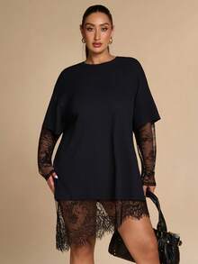 SHEIN BAE CURVE 大尺碼女款抓皺短袖蕾絲拼接上衣，大尺碼 T-shirt - 黑色 - 查看 7
