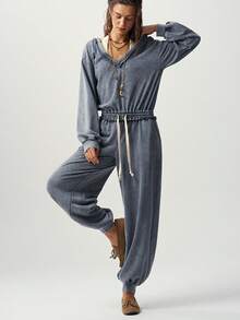 Bohemela Herbst Lässig einfarbiger gestrickter gewaschener lockerer Schnitt Damen Jumpsuit Reise Grau - Dunkelgrau - Übersicht 7