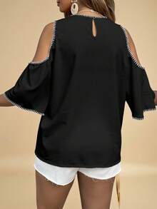 Freevana Blusa de talla grande con bordado de concha, color contrastante, plisada y hombros descubiertos, adecuada para festival de música Y2K - Multicolor - Ver 2