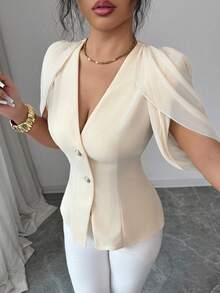 SHEIN Elenzya 女士优雅浪漫修身西装外套，V领设计，褶裥收腰 - 杏色 - 查看 1