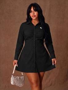 Rustia Autumn Casual Front Button Solid Color Plus Size Dress Fall - Black - View 1