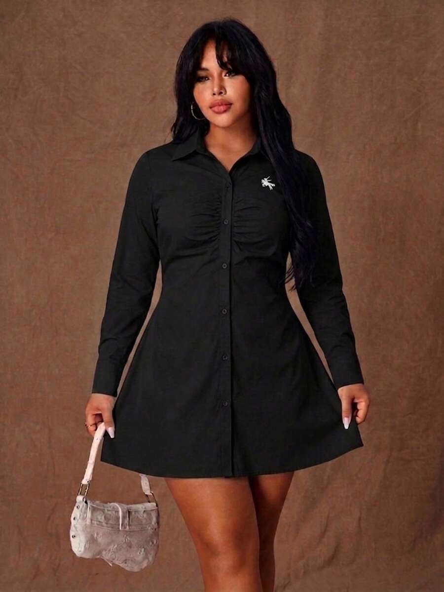 Rustia Autumn Casual Front Button Solid Color Plus Size Dress Fall - Black - View 1