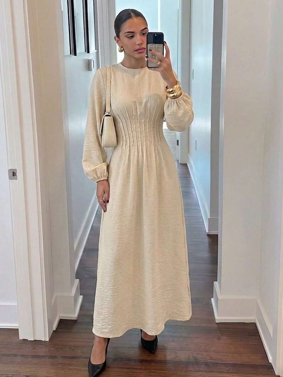 Firerie 女款休閒優雅修身腰長袖洋裝,酒紅色洋裝 / 修身腰洋裝 / 亞麻洋裝 / 復古風洋裝 / 夏季洋裝 / 春季女裝 / 日常工作洋裝 / 情人節洋裝 / 女款休閒洋裝 / 女款紅色洋裝 - 卡其色 - 查看 1