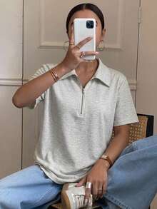 Livesso 女款休閒純色簡約半開襟短袖T恤商務休閒女裝 - 灰色 - 查看 10