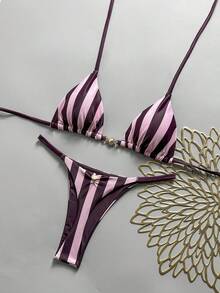Swim Mod 女款春夏美式國旗印花露背三角比基尼套裝，縮褶T字背褲底，2件式海灘裝，適合日 - 彩色 - 查看 2