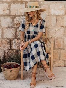 EMERY ROSE Vestido casual de verano con estampado de cuadros y manga corta - Multicolor - Ver 3