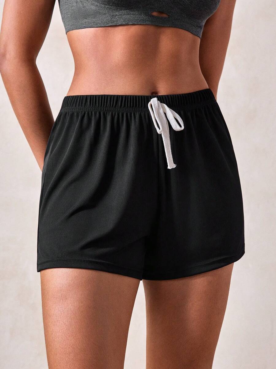 Veilyse 2 piezas Pantalones cortos casuales de mujer de unicolor con cordón, cómodos para el hogar y el sueño, adecuados para primavera, verano y otoño - Multicolor - Ver 1