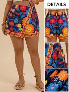 Travachic Plus Size Bohemian Casual Vacation Beach Shorts With Tie Decoration And Ruffle Hem For Women - Multicolor - View 7