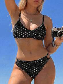 SHEIN Swim Plus Size European And American Polka Dot Bikini Set, Retro Black & White Floral High Waist Triangle Swimwear 2pcs - Black and White - View 3