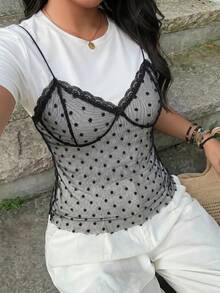 SHEIN MOD 大尺碼對比波點網紗拼接T恤，夏季女款上衣，適合度假、假期、節慶、正式場合，白色優雅休閒款 - 黑與白 - 查看 3