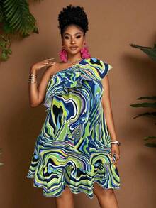 Maweii Vestido línea A con hombro asimétrico, volantes y estampado de rayas para mujer talla grande - Multicolor - Ver 6