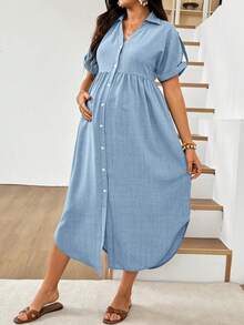 SHEIN Maternity Solid Color Pleated Casual Everyday Summer Dress - Blue - View 5