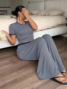 Dazy Plus 2pcs/Set Striped Casual Colorblock Patchwork Slim Fit Short Sleeve Top & Long Pants Loungewear Pajama Set For Spring Summer Autumn - Navy Blue - View 1