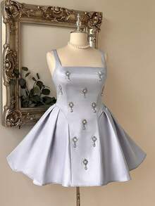 Lovelzi Plus Size Elegant Luxurious Light Sky Blue Satin Handmade Integrated Rhinestone Decor Wide Strap Back Tie Detail A-Line Ball Gown Formal - Baby Blue - View 5