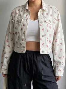 Dazy Plus Plus Size Women's Loose Short Denim Jacket With All-Over Ditsy Floral And Turn-Down Collar, Spring/Autumn - White - View 3