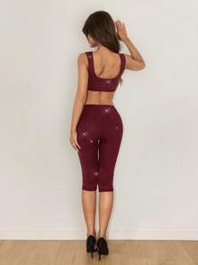 SHEIN ICON Fashionable Sexy Rhinestone Crop Top 3/4 Pants Set Club Party Burgundy Summer - Burgundy - View 2