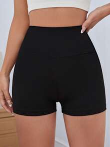 SHEIN BASICS Shorts de ciclista de punto acanalado con cintura ancha deportiva, conjunto de verano para mujer - Negro - Ver 3
