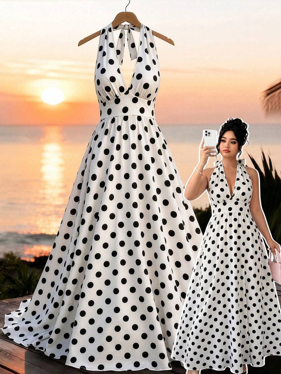 GlowEve CURVE Robe longue grande taille en tissu tissé à pois, col ras-du-cou, encolure en V, design à nouer, sans manches, taille haute, drapée, ourlet trapèze, élégante, vintage, style français léger, pour plage, vacances, après-midi thé, rendez-vous, fête, mode printemps-été - Noir et Blanc - Voir 1