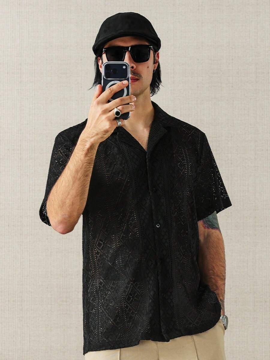 HUEFORM Men's Lace Short Sleeve Shirt, Suitable For Dating, Casual Wear, Vacation, And Daily Commute