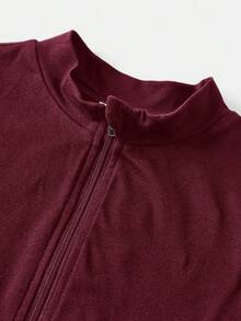 SHEIN Young Girls Solid Color Fitted Knit Casual Long Sleeve Sports Zip-Up Jacket, Simple Casual Elastic, Front Zipper, Straight Collar, Slim Fit Long Sleeve. Perfect For Casual And Daily Wear, School Daily, Girls, Zip-Up Jacket, Children's Sportswear, Autumn Winter, Summer. - Burgundy - View 3