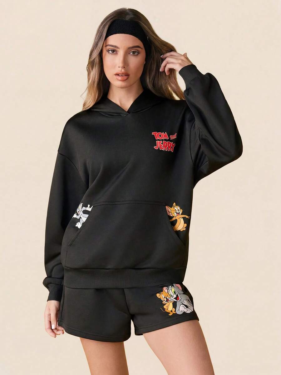TOM & JERRY X SHEIN Women's Casual Letter & Cartoon Print Hoodie And Shorts 2 Pieces Set, Autumn - Black - View 1