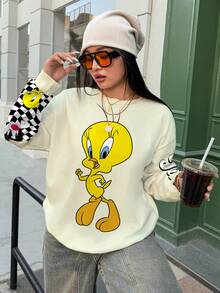 LOONEY TUNES X SHEIN Sweatshirt Leher Bulat Motif Kartun Ukuran Besar untuk Musim Gugur - Putih - View 3