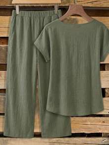 SHEIN Clasi 女款純色圓領上衣與鬆緊腰長褲休閒日常套裝 - 軍綠色 - 查看 2