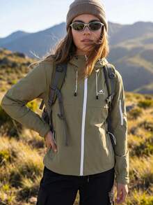 WanderVale Women's Letter Print Long Sleeve Drawstring Hooded Outdoor Rain Jacket - Olive Green - View 3