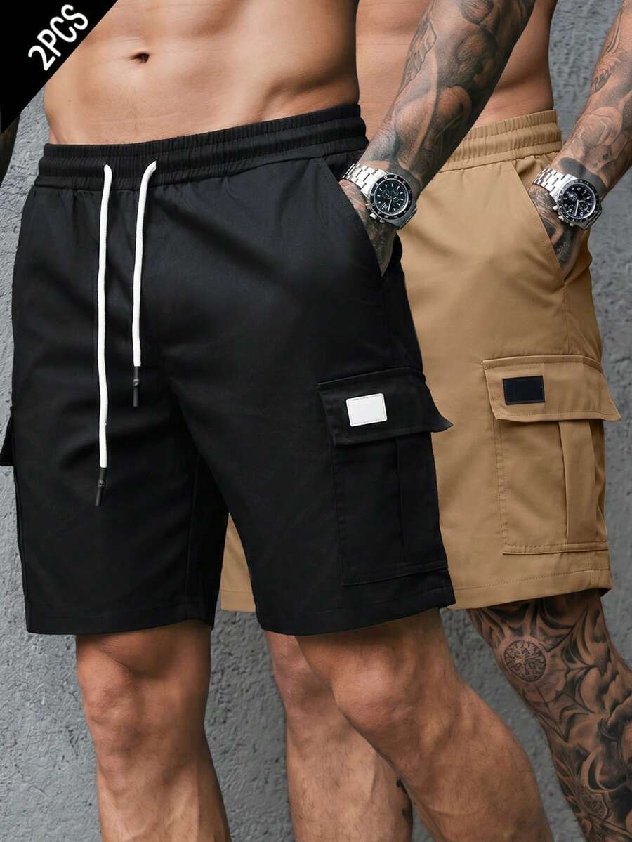 Manfinity Homme Pantalones cortos cargo para hombre de unicolor con cintura elástica, cordón y bolsillos - Multicolor - Ver 1