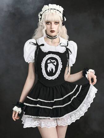 Débardeur femme gothique avec nœud, dentelle et motif dents, style étrange et mignon, printemps/été, Y2K, pour fille originale