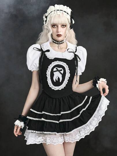 Goth Canotta da donna stile gotico con fiocco, pizzo e denti, carina e stravagante, primavera/estate Y2K, per ragazze eccentriche