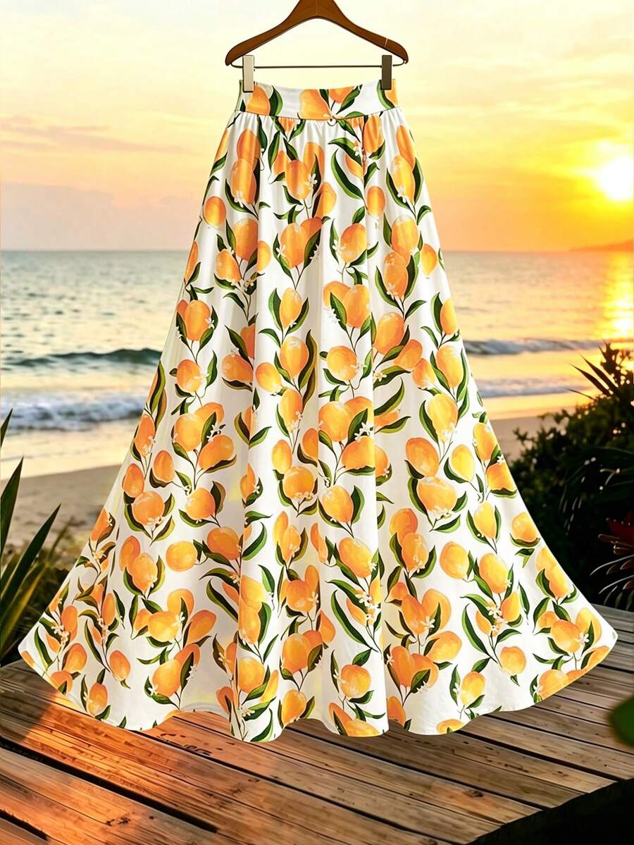 Franclia Plus Size Women's Summer Lemon Print A-Line Casual Vacation Lemon Yellow Long Skirt - Multicolor - View 1