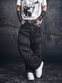 Vyqestra Men's Vintage Fashionable Versatile Rivet Frayed Distressed Wide Leg Loose Casual Daily Denim Jeans - Black - View 2
