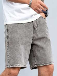 Manfinity Hypemode Pantalones cortos de mezclilla para hombre con estampado de ola, velero y dragón - Gris Claro - Ver 3