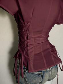 Attitoon Y2K Back To School  Solid Color Pleated Casual Versatile Daily Wear Shirt - Burgundy - View 6