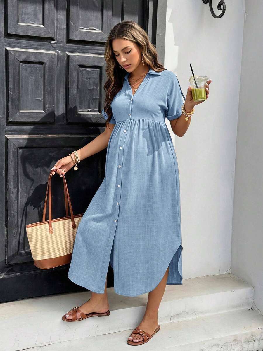 SHEIN Maternity Solid Color Pleated Casual Everyday Summer Dress - Blue - View 1