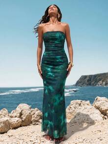 Opulessa Knitted Mesh Printed Fitted Strapless Mermaid Dress For Women Wedding Dinner Vacation Teal Green Summer Jamaican European - Blue - View 3