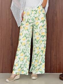 Yasmeen Edit Yasmeen Edit Allover Lemon Print Wide Leg Pants - Multicolor - View 3