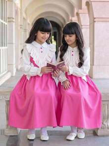 Tween Girl Back To School Dress KIDS Tween Girls Pink Dress, Essential For School Season, Casual Preppy Style, Long Sleeve, Color Block, Exaggerated Ruffle Hem, Soft And Vintage Feel; Double-Breasted Button Decor On Chest, Neat And Exquisite Pink - Pink - View 10