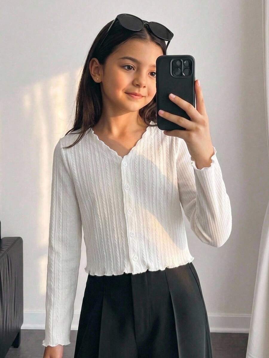 SHEIN Tween Girl Tween Girl Knit Textured Cardigan Jacket Sun Protection Cardigan Cable Knit Cardigan Jacket Children's Jacket Fall/Winter Outfits - White - View 1