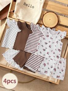 SHEIN 8件套/女婴0-3岁春夏新款休闲日常外出可爱纯色针织不对称罗纹短袖背心T恤上衣和短裤8件套 - 彩色 - 查看 4
