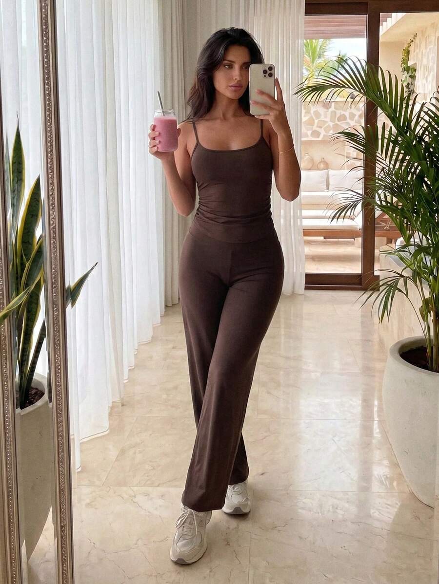 Pariaura Set Atasan Camisole Wanita & Celana Kontrol Perut Pinggang Tinggi/Celana Kaki Lebar/Modis Seksi/Serbaguna/Nyaman - Coffee Brown - View 1