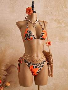SHEIN 2pcs Women's Sexy Floral & Leopard Print Bandage Bikini Set - Orange - View 1