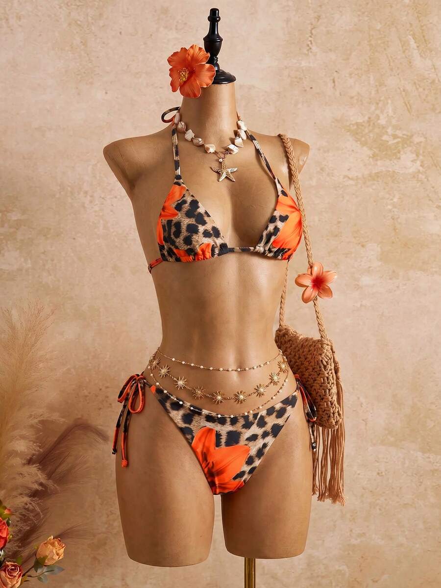 SHEIN 2pcs Women's Sexy Floral & Leopard Print Bandage Bikini Set - Orange - View 1