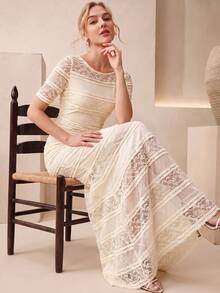 Anewsta Women's Elegant Romantic Lace Hollow Out Bodycon Dress Wedding Formal Office Off-White Summer - Apricot - View 3