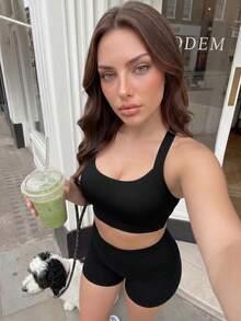 Gameset SHEIN Sport Women's Plus Size Solid Color Casual Versatile Daily Wear Sports T-Shirt - Black - View 3
