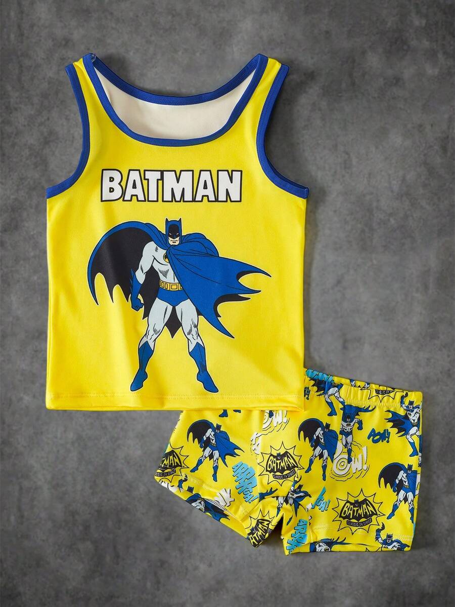 BATMAN X SHEIN 小男孩字母卡通圖案印花背心與短褲居家休閒套裝 - 黃色 - 查看 1