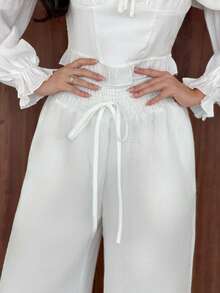 Yasmeen Edit Yasmeen Edit Women Loose High-Waisted Wide-Leg Pants, Elegant White Chic Summer Vacation Holiday, Solid Color Versatile Casual Daily Wear Beach Trousers - White - View 4