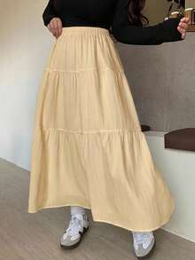 Dazy Plus Plus Size Women's Elastic Waist Patchwork Loose A-Line Skirt Spring Summer - Apricot - View 5
