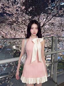 Skyraze Pink Summer Elegant Cute Tea Party Date Dress Textured Slim Fit High Neck With Pearl Embellishments White Bow Ruffled Hem Wedding Guest Graduation - Pink - View 1